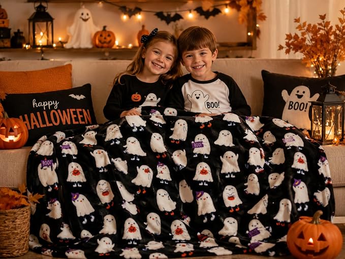 Halloween Ghost Fleece Throw Blanket, Cute Ghosts on Black, 50x70 in | Ultra-soft cozy flannel fleece, for sofa couch bed chair & dorms, spooky Halloween décor, durable and machine washable.
