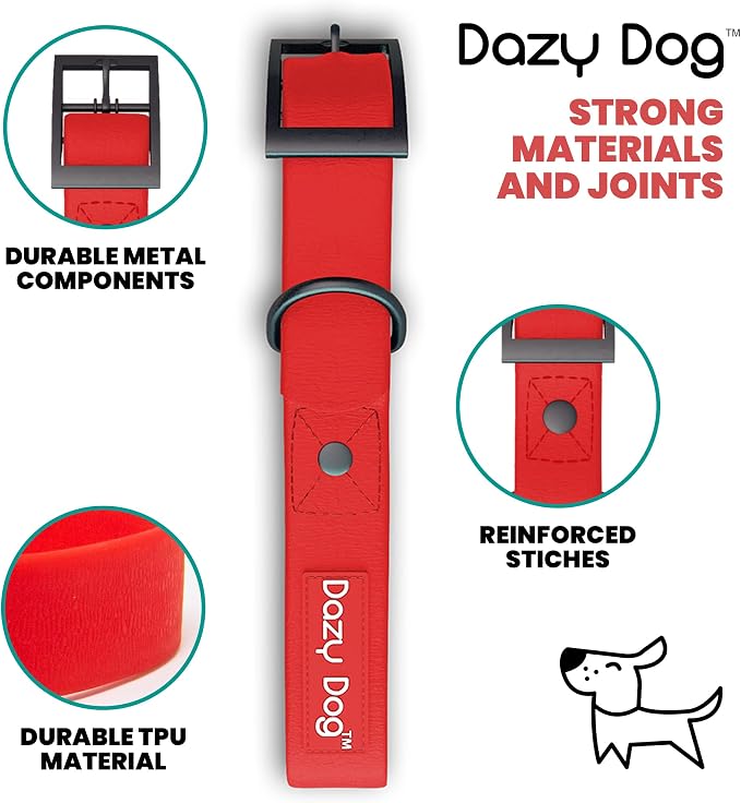 Dazy Dog Waterproof Durable Dog Collar, Odor Proof and Easy Clean TPU Collar, Stronger Than Biothane, Silicone, and Rubber, for Small, Medium, and Large Dogs (Large, Red)