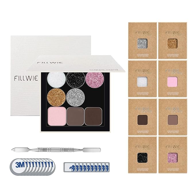 Magnetic 8-Color Mini Eyeshadow Palette with White Magnetic Case, 10 Round & 10 Square Magnetic Metal Stickers, and Short Color Mixing Stick