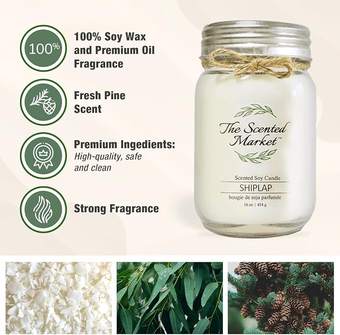 The Scented Market Aromatherapy Soy Wax Candle Shiplap 16 oz Mason Jar, Over 100 Hours of Burn Time, Ideal for Your Home and Gift Giving.