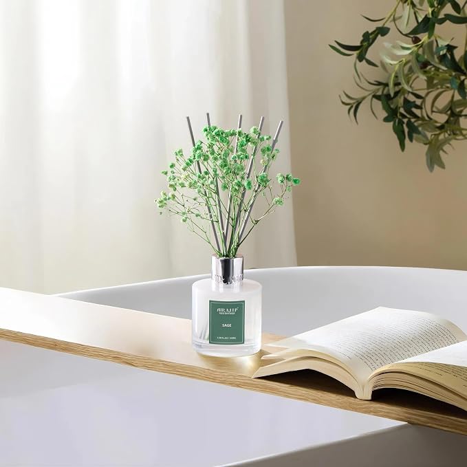 Airkeep Reed Diffuser Set, 3.38 fl oz (100 ml) - Sage Lemon Oil Diffusers with 8 Reed Sticks, Home Fragrance Reed Diffuser for Bathroom Shelf Decor