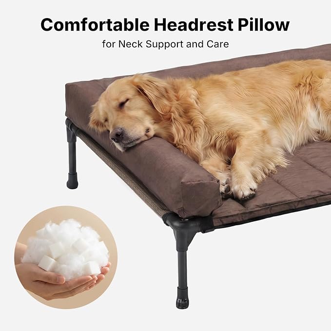 Veehoo Outdoor Elevated Dog Bed with Waterproof Bolster Cushion, Cooling | Raised Dog Bed with Removable & Washable Mat Topper, Breathable Mesh, Dog Couch Cot for Indoor Outdoor, 53", Large, Brown