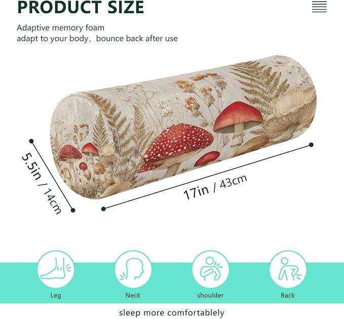 Watercolor Forestm Mushroom Beige Neck Roll Pillow Bolster Round Health Memory Foam Long Cervical Cylinder Pillows with Removable Washable Cover for Body Bed Legs Back Yoga