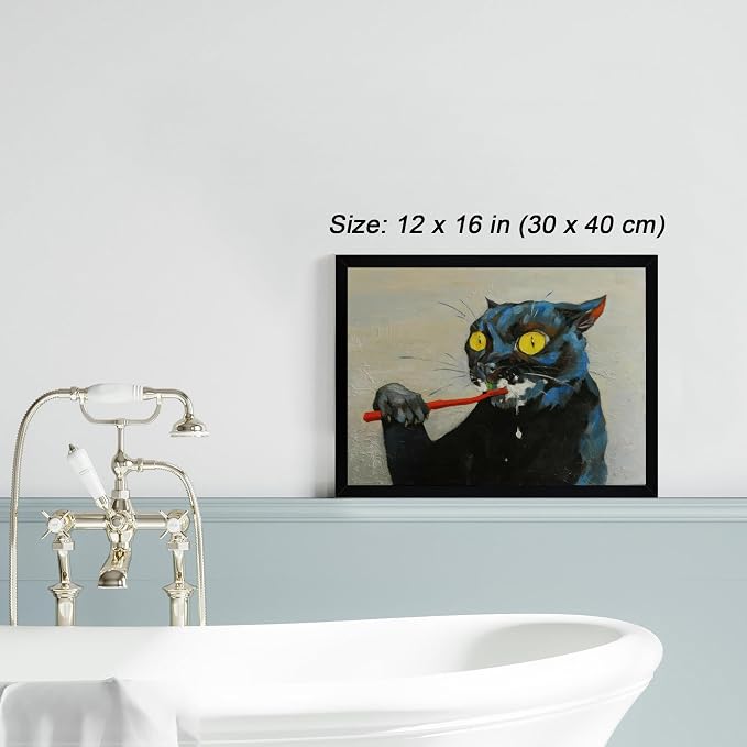 ICHZUMW Framed Funny Black Cat Bathroom Decor Canvas Wall Art, 12x16 Inches | Quirky Black Cat Brushing Teeth Painting, Humorous Bathroom Wall Decor, Restroom Powder Room, Fade Resistant, Ready to Hang