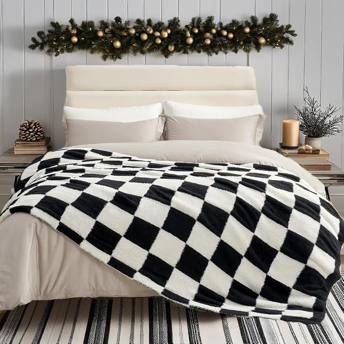Snuggle Sac Faux Fur Throw Blanket for Couch,Black Checker Blanket, Cozy Soft Warm Blankets for Sofa, Bedroom, Living Room, Black Checker,50x60 inches