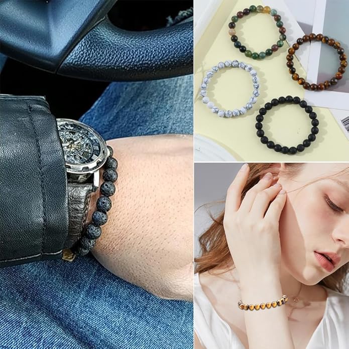 FIRAZIO 12Pcs 8mm Gemstones Beaded Stretch Bracelet for Women Crystal Stone Bracelets Round Beads Semi-Precious Stretch Bracelet Set Unisex