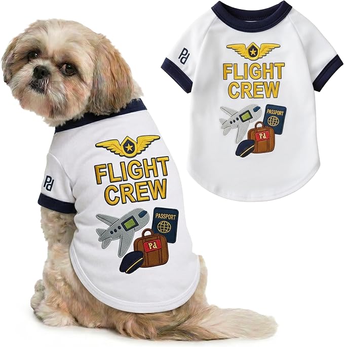 Parisian Pet Dog Flight Crew Shirt - Embroidered Pet Vest - 100% Cotton & Polyester Doggy Shirt - Lightweight Pet Clothes - Sleeved Puppy Costume - White Shirts for Medium Dogs - M