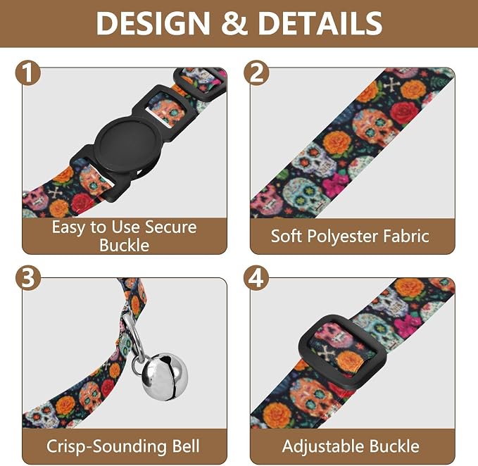 2 Pack Kitten Collars Colorful Skulls Black Decorative Pet Collar with Bell, Adjustable Length 10.6" to 17.1"