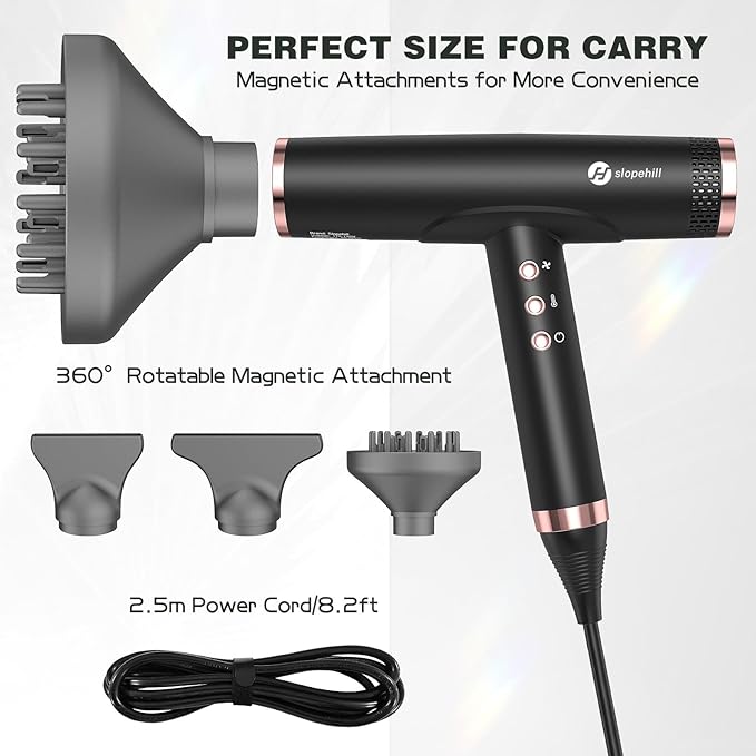 slopehill Professional Ionic Hair Dryer with Diffuser - Lightweight, Compact, Powerful & Fast Salon Blow Dryer with High Speed Brushless Motor for Travel, Women & Men (Ceramic, Black)