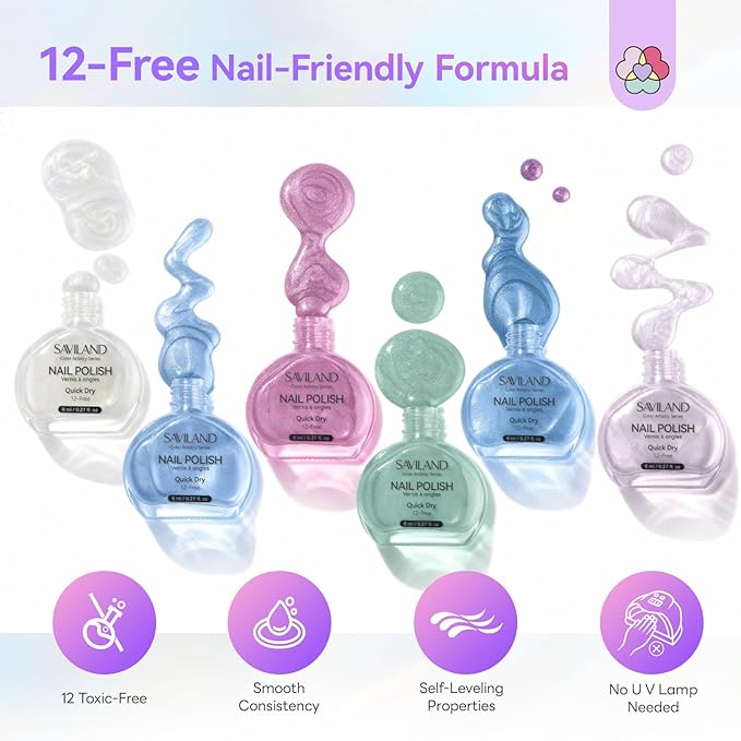SAVILAND Quick-Dry Aurora Nail Polish Kit: 6+1 Colors Nail Polish Set with 3-in-1 Base Top Coat Cuticle Oil Pearl Glitter Pink Blue Green 12-Free Fingernail Polish Home DIY for Women Gift