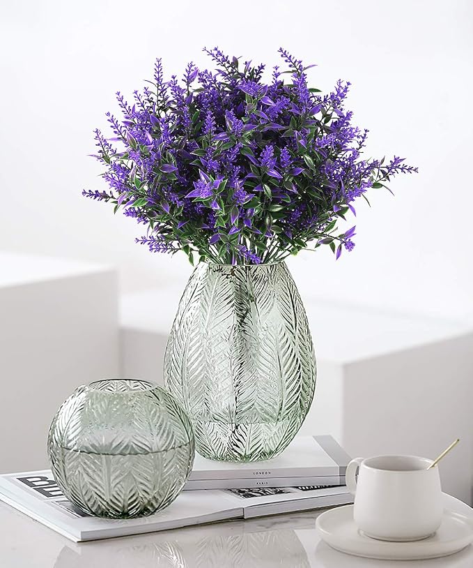 RECUTMS Artificial Greenery Lavender Fake Shrubs Flowers 8 Pcs UV Resistant | Faux Purple Flowers Spring For Outdoor Hanging Planter Flora Fence Indoor Fall Decor Wedding Table Arrangement Bouquet Filler