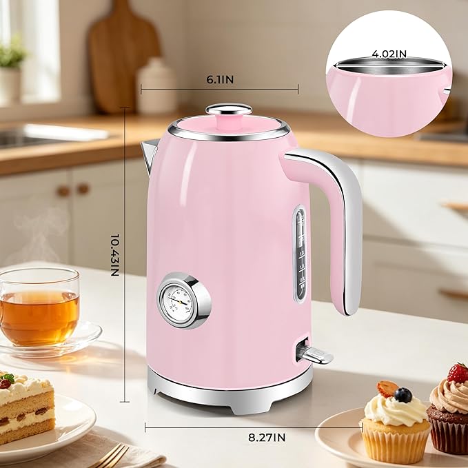 SUSTEAS Electric Kettle - 57oz Hot Tea Water Boiler with Thermometer, 1500W Fast Heating Stainless Steel Pot, Cordless LED Indicator, Auto Shut-Off & Boil Dry Protection, Pink