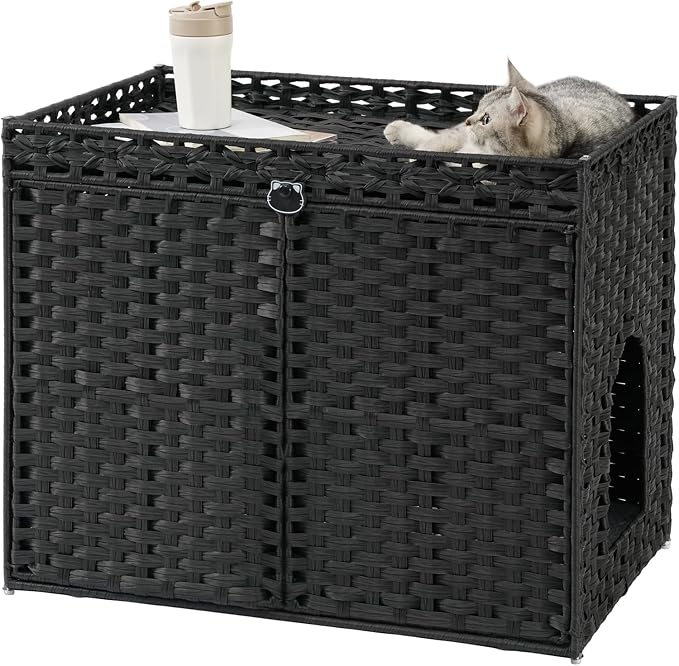 SETVSON Cat Litter Box Enclosure Furniture, Hidden PE Rattan, Black | Large Double-Door PE Rattan Kitty House, Fits Large Covered Litter Boxes, 2 Litter Mats, 2 S-Hooks, Metal Frame