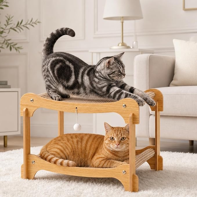 Two-Tier Sisal Cat Scratcher Bed, Solid Cats Scratching Post Hammock Lounge for Indoor Cats, Comfortable Cat Bed Natural Sisal Scratch Pad for Cats Scratcher Lounge, Sturdy Wooden Cat Furniture
