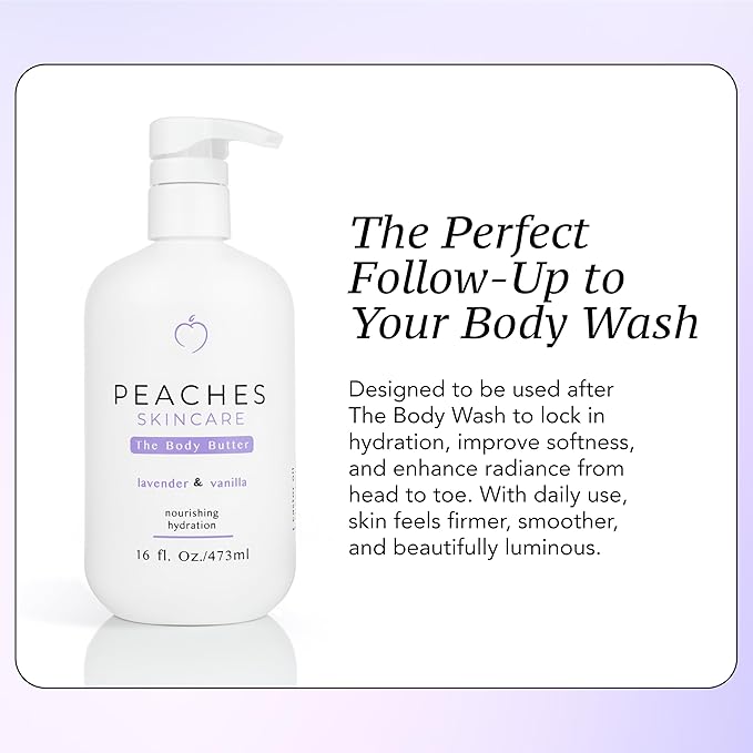 Peaches Skin Care Body Butter with Shea and Mango Butter – Rich Hydrating Formula for Soft, Smooth-Looking Skin – Daily Body Care for Men and Women, Lavender & Vanilla Scent, 16 oz