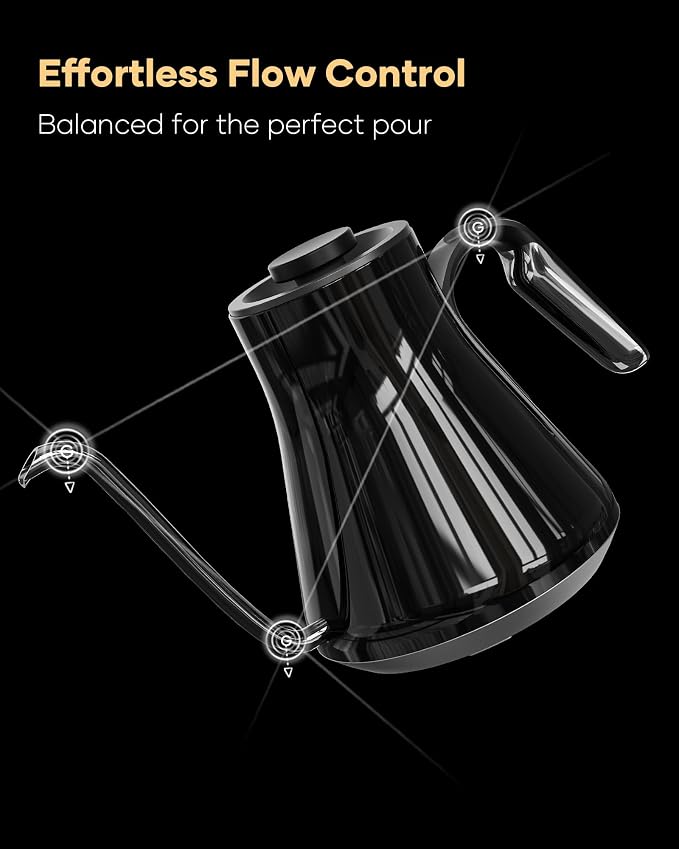 Cocinare Gooseneck Electric Kettle, ±1°F Precise Temperature Control, 1500W Fast Heating, Pour Over Coffee & Tea Kettle with Brew Timer & Keep Warm, Stainless Steel, 0.9L (Soulages Black)
