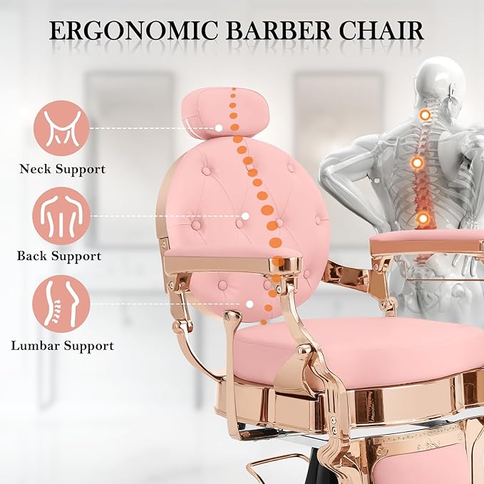 Vintage Barber Chair for Barbershop, Heavy Duty Recline Hair Salon Chair for Home Hair Beauty Stylist, Professional Salon Spa Shampoo Equipment, Supports up to 550lbs & 360° Swivel, Rose Gold