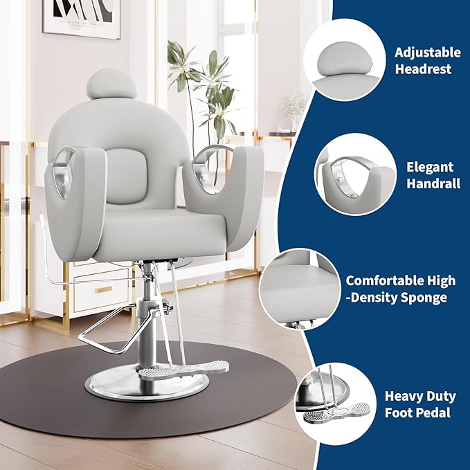 Barber Salon Chair, Reclining Salon Chair with Heavy Duty Hydraulic Pump, 360° Swivel and Height Adjustable, 330 LBS Capacity Spa Beauty Equipment Hairdresser Armchair for Barbershop- Grey & Silver