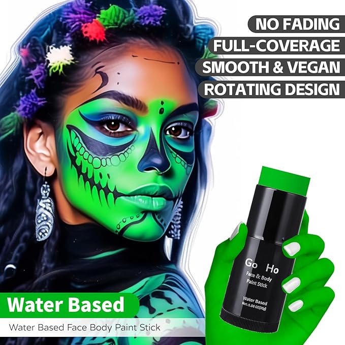 Go Ho Amazon Green Face Paint Stick,Water Based Washable Face Paint Makeup Stick,Non-toxic Full-coverage Cream Body Paint for Halloween Costumes Cosplay SFX Hulk Gamora Makeup