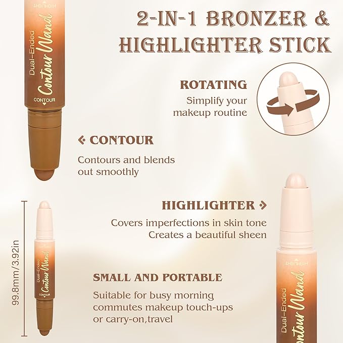 Contour Highlighter Stick，2-in-1 Dual-Ended Cream Bronzer & Highlighter Sticks Pen for Face Body Contouring Makeup- Buildable，Waterproof, Easy to Apply Suitable for Beginners，02Nude + Light Beige