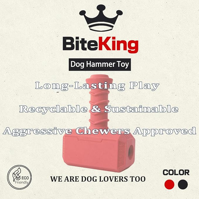 Natural Rubber Dog Toys for Large Aggressive Chewers - Lifetime Replacement - Indestructible Fetch Treat Toy for Large Dogs - Durable Hammer Dog Chew Toy for Super Chewer, Red