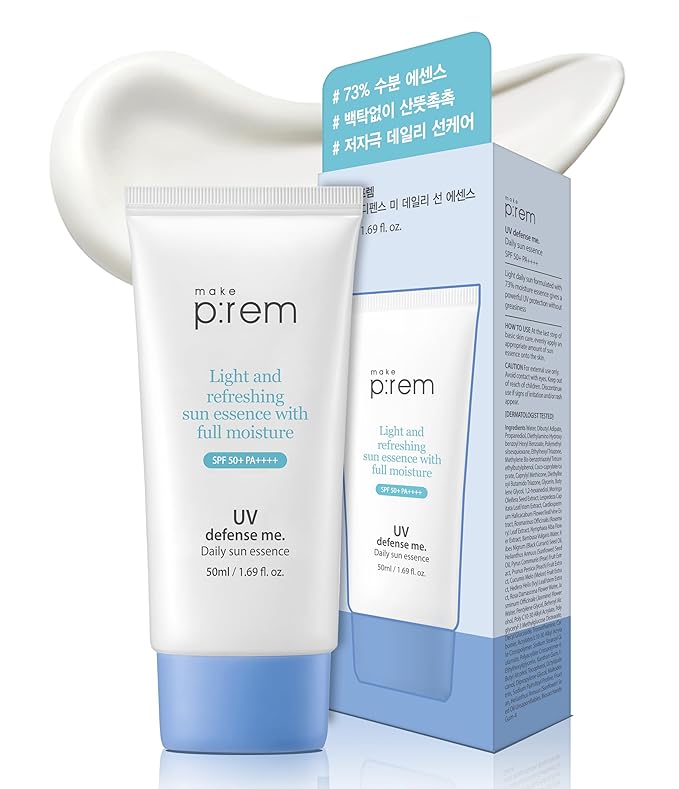 MAKEPREM UVA UVB Defense Me Daily Sun Essence VEGAN Makeup Sunscreen Gel SPF 50+ PA++++ 1.69 Fl Oz Reef-Safe Moisture Sunblock Strong UV Blue Ray Broad Protection Dry Oily Sensitive Acne-Prone Skin