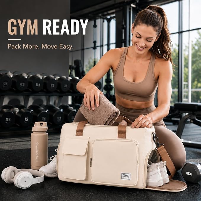 FIORETTO Women's Gym Duffle Bag with Shoes Compartment, 30L Capacity, Ideal for Travel, Gym, Sports, Duffel, Weekender
