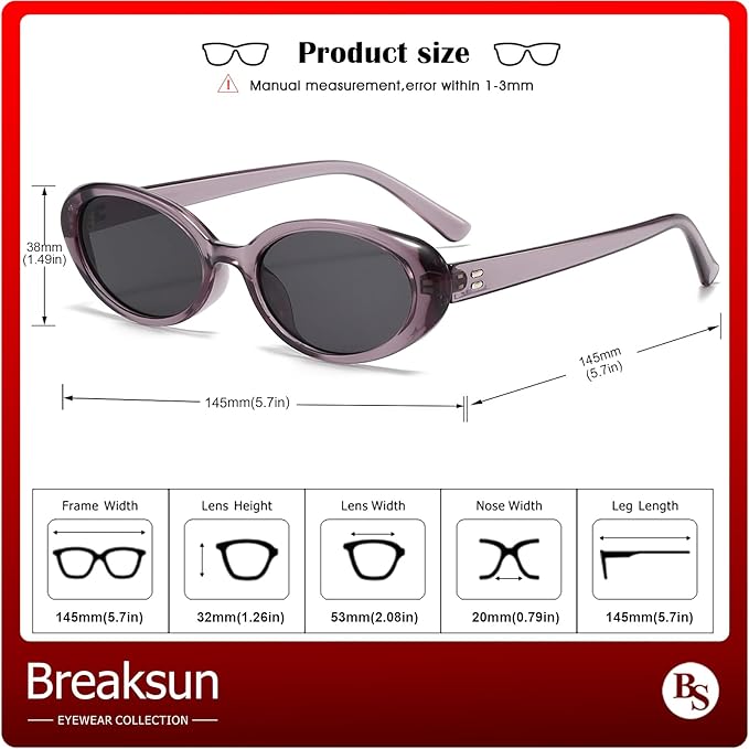 Breaksun Retro Oval Sunglasses for Women Men Fashion Small Oval Sunglasses 90s Vintage Shades