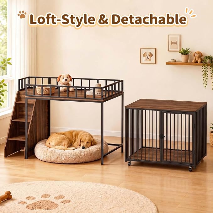 37" Dog Crate Furniture, Wooden Dog Kennel Indoor with Storage (Walnut) | Heavy Duty Pet Cage Indoor for Small & Medium Dogs, Dog Kennel with Storage Shelf, 4 Lockable Wheels and Stairs, Loft-Style