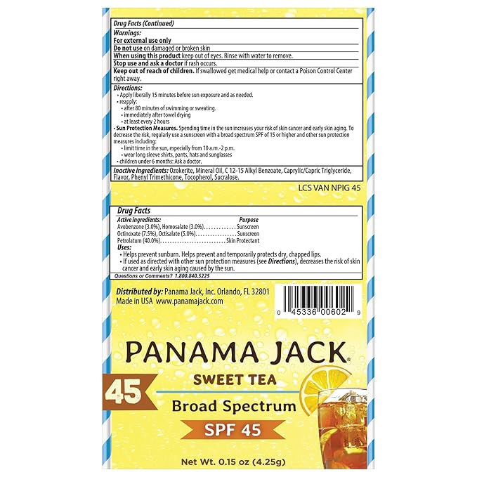 Panama Jack Sunscreen Lip Balm - SPF 45, Broad Spectrum UVA-UVB Sunscreen Protection, Prevents & Soothes Dry, Chapped Lips, Sweet Tea, 7-pack