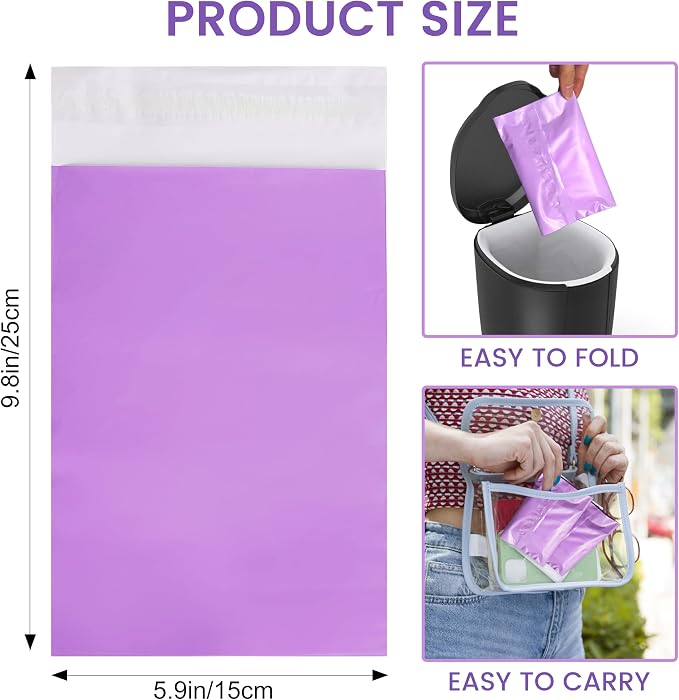 Disposal Sanitary Napkin Bags, 100 Pcs, Purple Disposable Plastic trash bag with Self-sealing for Odor-proof, disposal of Feminine Hygiene or Pet Waste, 10" x 6"