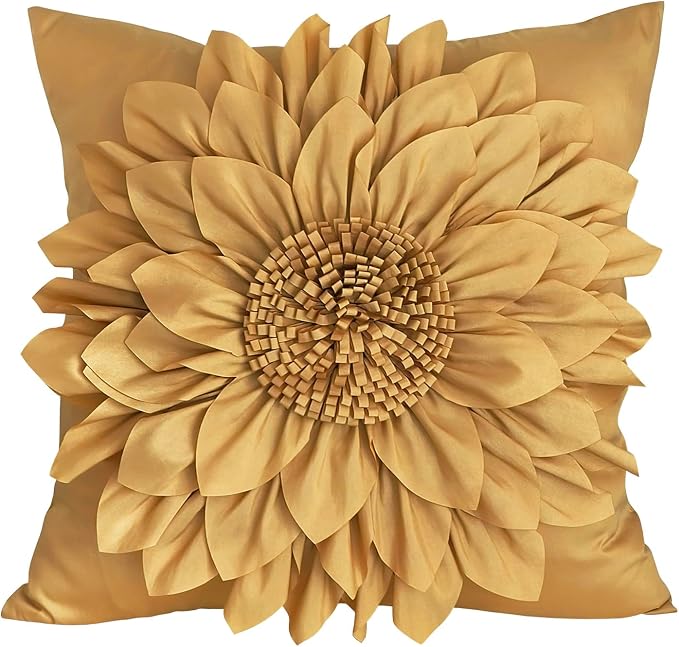 Gold Accent 3D Flower Decorative Throw Pillow Covers for Bed Sofa Couch | Bella's Giftshop Handmade Sunflower Taffeta Pillow Cases Living Room Bedroom Decor, 18x18 Inch