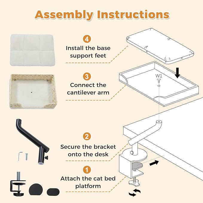 PAWZ Road Cat Desk Bed for Indoor Cats, Wicker Cat Bed for Desk Supports Up to 50 lbs, 360° Rotation & Adjustable Soft Plush Cats Hammock for Desktop, White