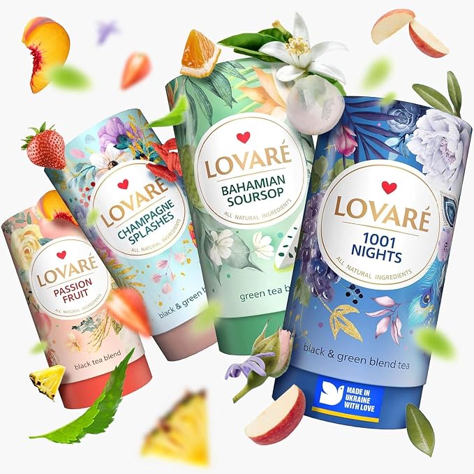 LOVARE Loose Leaf Tea 80 g - Made in Ukraine - Assorted Tea - 1001 Night, Passion Fruit, Sparkling Splashes, Bahamian Soursop - Gift Box with 60 Paper Filters – Easy to Brew Flavored tea (Set of 4)