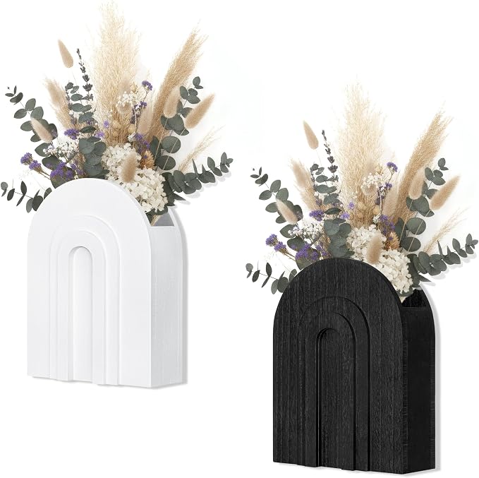 2 Pack Wooden Wall Vase Set in Black and White for Dried Flowers | Two-tone wall-mounted vases for pampas grass and faux greenery; modern boho wall decor for living room, hallway or entryway