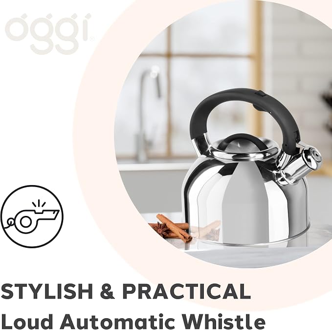 OGGI Tea Kettle for Stove Top - 64oz / 1.9lt, Stainless Steel with Loud Whistle, Ideal Hot Water Kettle and Water Boiler - Silver Mirror
