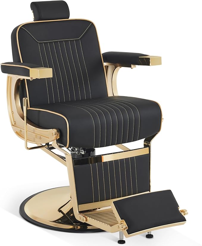 BarberPub Classic Barber Chair, 660Lbs Heavy-Duty Hydraulic Pump, Professional Reclining Salon Chair for Hair Stylist, Gold&Black, Barbershop, Salon&Spa Equipment for Adult 8334 (Black) (Black&Gold)