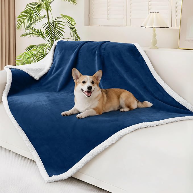Smiry Waterproof Blanket Throw, Reversible Dog Blanket for Sofa Couch Bed | Soft Leakproof Sherpa Fleece, Washable Furniture Couch Protector for Large Dogs Cats, 50"x60", Navy/White