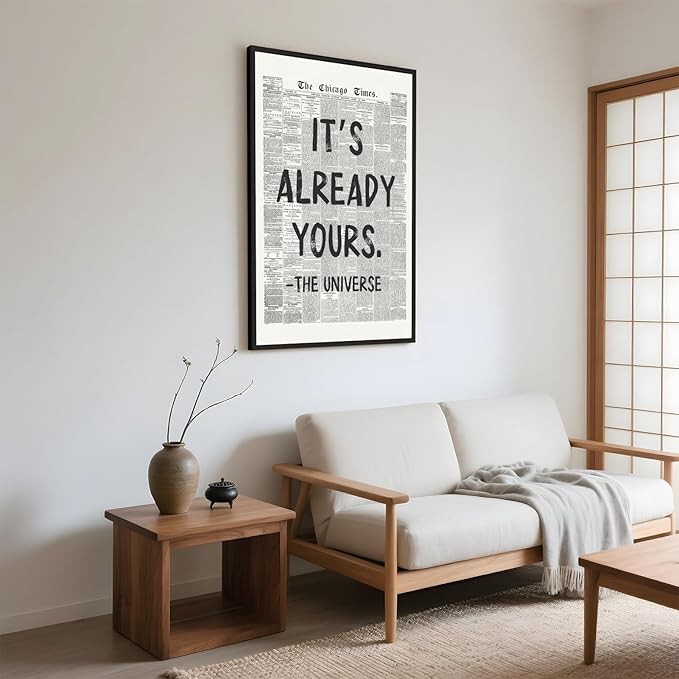 Framed Black And White Retro Newspaper Wall Art Motivational Office Decor | ItS Already Yours Universe Quote Poster Trendy Positive Inspirational Canvas Print for Bedroom Apartment Dorm 12x16inch