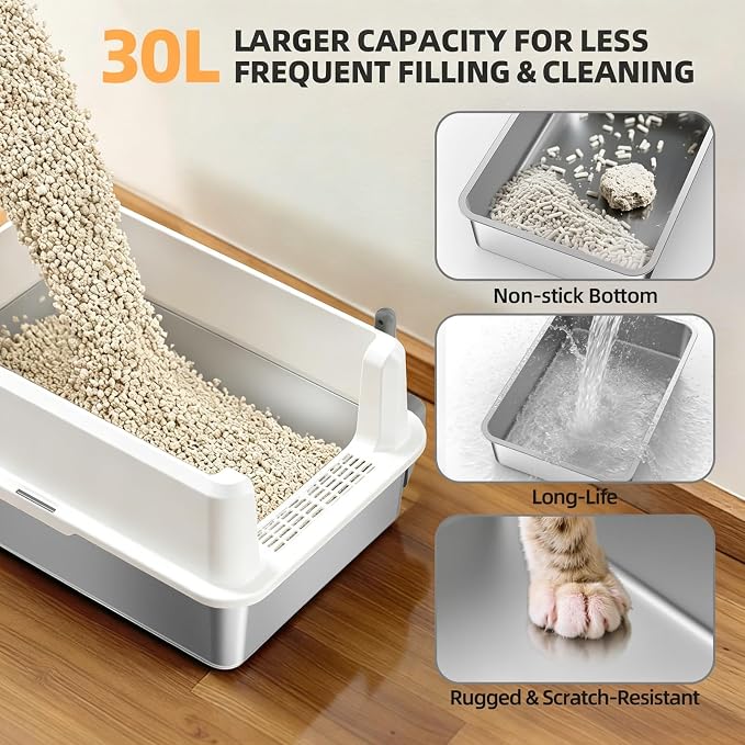 WoofiGo XXL Stainless Steel Cat Litter Box, High Sided Open Top Litter Pan | Anti-Urine Leakage Design, Spacious Interior for Big Cats, Non-Stick, Odor Resistant, Easy Clean, Scoop Included (White)