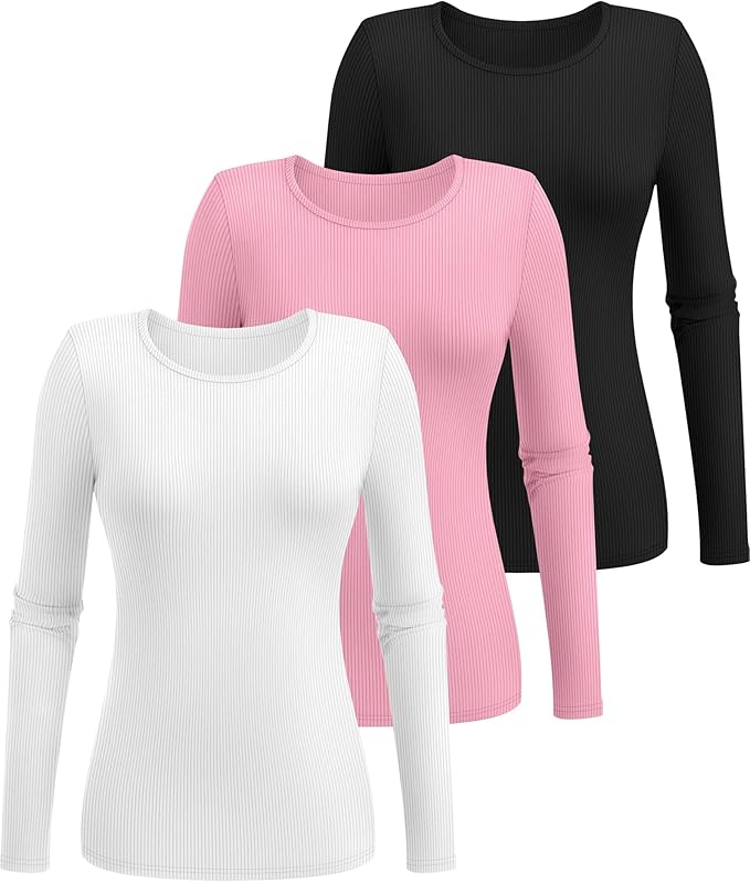 Ficerd 3 Pack Women's Ribbed Long Sleeve Tops, Crew Neck Slim Fit Undershirts Knit Basic Casual Stretch Layering Tee Shirts