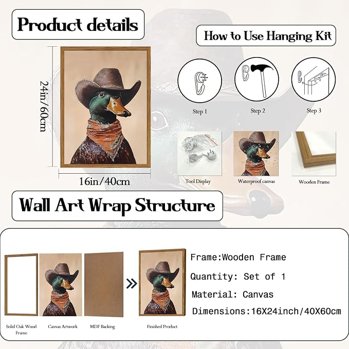 Framed Vintage Western Duck Wall Art, Cowboy Mallard Duck Pictures Wall Decor, Whimsical Farmhouse Animal Paintings Canvas Prints Rustic Home Decor for Living Room Bedroom Bathroom 16x24 inch