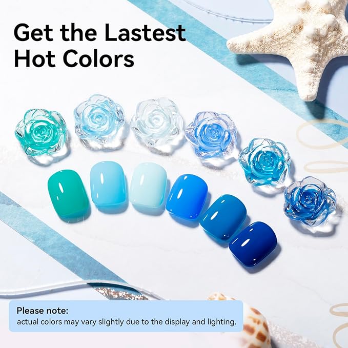 Blue Nail Polish Set: 6 Colors Light Blue Dark Navy Royal Teal Ocean Baby B lue Collection Toe Fingernail Polish, Quick Dry Non Gel, High Gloss Shine, Healthy Nail Art DIY Manicure Gift