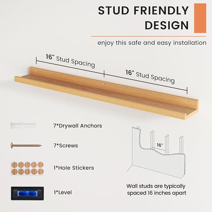 Picture Ledge Shelf, Floating Shelves for Wall, 36" W Set of 2, Oak | FSC Certified Engineered Wood, Wall Mounted Bookshelf, for Nursery Living Room Bedroom, Pre-Drilled, Easy Install