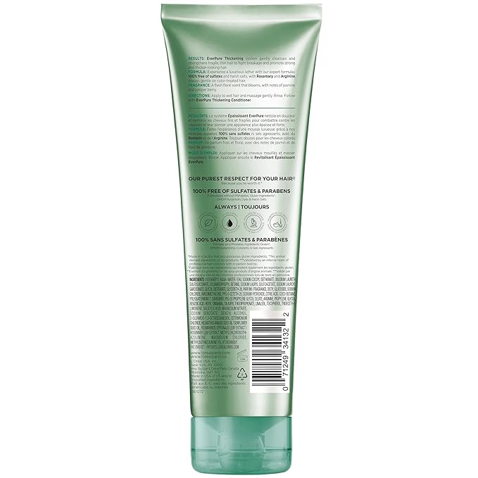 L'Oreal Paris Thickening Sulfate Free Shampoo, Thickens + Strengthens Thin, Fragile Hair, Hair Care with Rosemary Leaf, EverPure, 8.5 Fl Oz (Packaging May Vary)