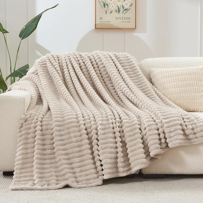 NEWCOSPLAY Fleece Ribbed Cozy King Blanket for Couch, Linen, 90"x110" | Premium Silky Flannel Blanket, Soft Lightweight Fluffy Throw Blanket for Bed Sofa Decor, Gift for All Season Use