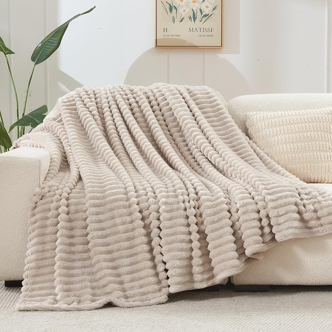 NEWCOSPLAY Fleece Ribbed Cozy Throw Blanket for Couch, Linen, 50"x60" | Premium Silky Flannel Blanket, Soft Lightweight Fluffy Throw Blanket for Bed Sofa Decor, Gift for All Season Use