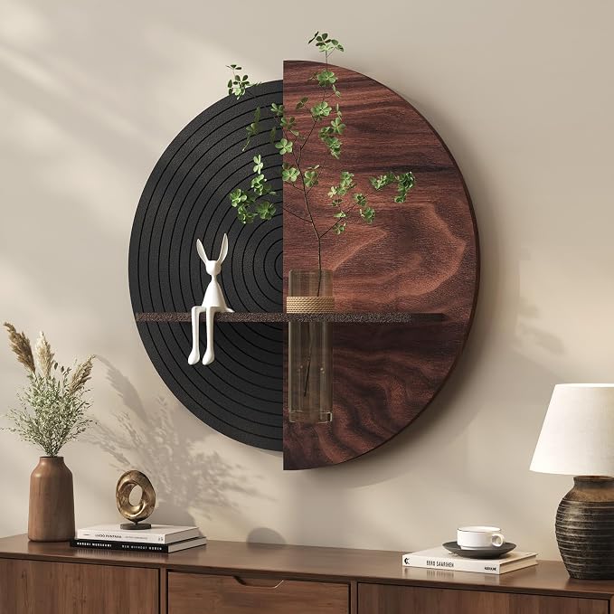 3D Textured Abstract Modern Black and Brown Round Wall Art Decor, 24x24 In | With shelf, Minimalist, Geometric circle, Artwork for walls, Sandstone textured, Living room, Dining room Hallway wall decor