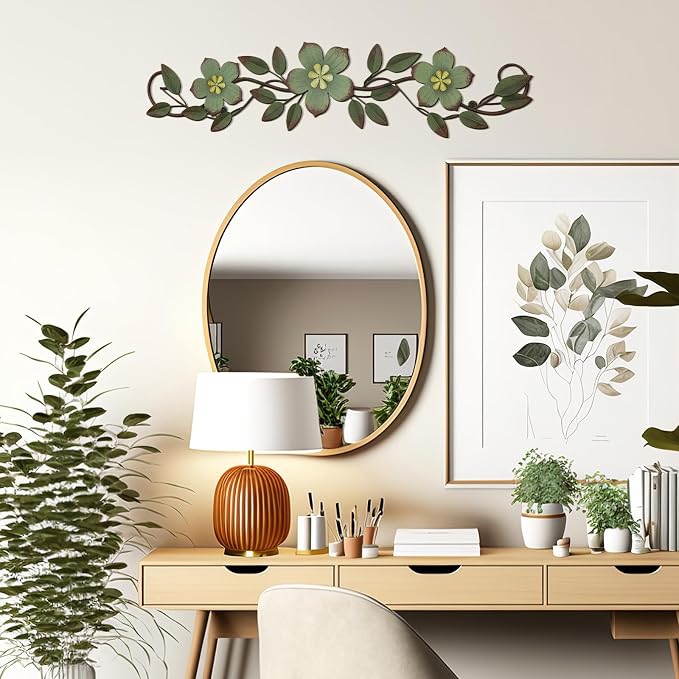 Wesiti Metal Flower Wall Decor Vintage Metal Flower Wrought Iron Scroll Sculpture 15.7''x3.7'' Not 3D, Flat Farmhouse Leaf Wall Decor with Nails for Summer Bedroom Kitchen Indoor Outdoor(Green)