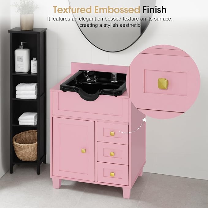 BarberPub Barber Storage Shampoo Station, Spa Textured Embossed Cabinet with Shampoo bowl & Drawers, Hair Salon Sink Backwash Equipment 7131 (Pink)